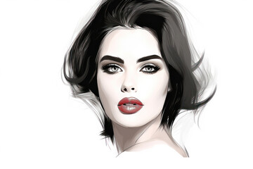 Beautiful young woman model face portrait. Glamour girl makeup fashion illustration. Stylish art sketch. Beauty and style vector drawing.
