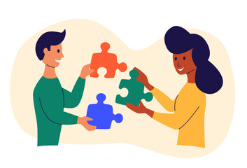 Man connects puzzle with woman. Teamwork, partnership concept