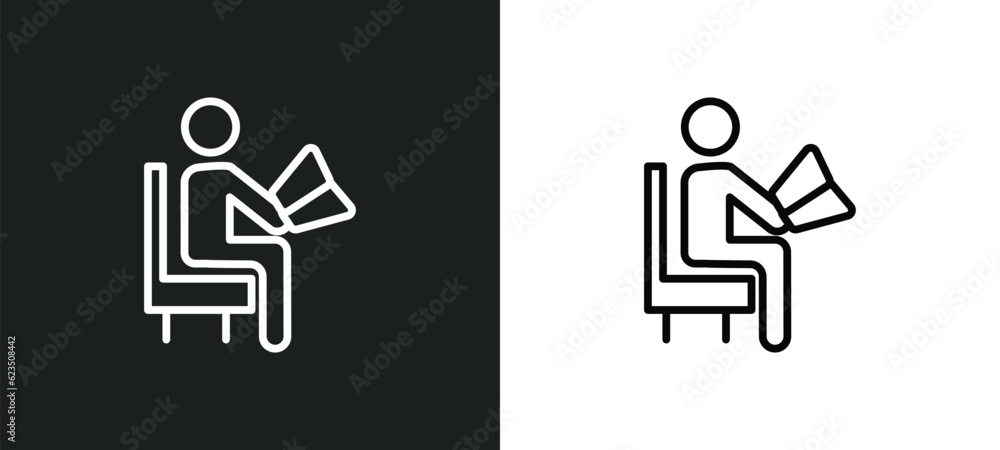Poster sitting man reading icon isolated in white and black colors. sitting man reading outline vector icon