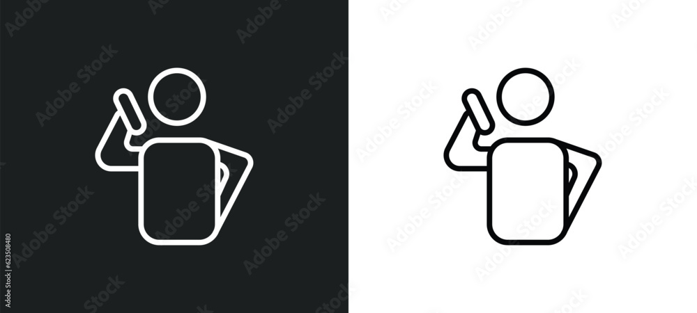 Poster man talking with phone icon isolated in white and black colors. man talking with phone outline vecto