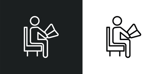 sitting man reading icon isolated in white and black colors. sitting man reading outline vector icon from people collection for web, mobile apps and ui.