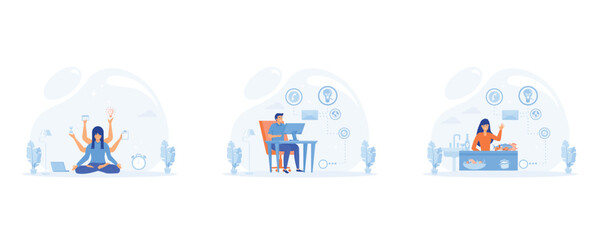 Multitasking. Time management. house work and business career. Overloaded person in pressure. set flat vector modern illustration