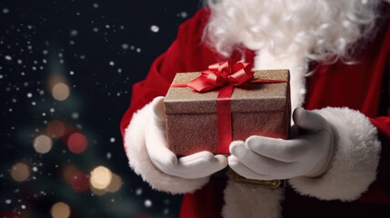 Obraz na płótnie Canvas Santa claus holding gift box on blur background. Christmas theme. Generative ai.