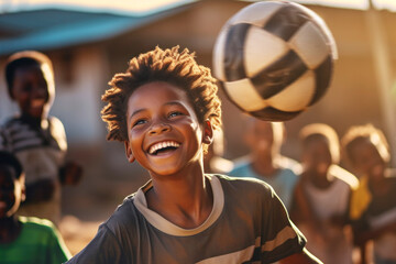 African boy playing football with his friends on a backyard