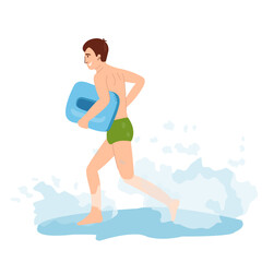 Fototapeta na wymiar Boy in green swimming trunks runs along the beach with an inflatable raft for swimming. Flat cartoon style illustration can be used for summer design, posters, banners. Summer theme