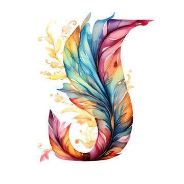 letter J in ornate colourful watercolour feather illustration style, bright colours, alphabet abc typography font letters