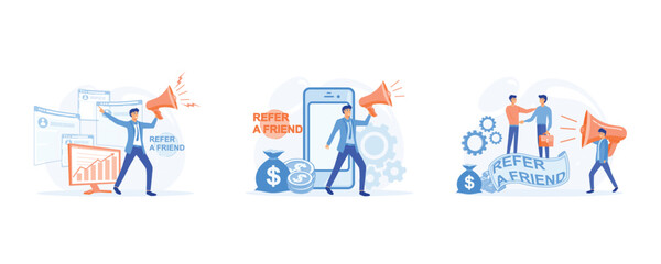 Refer a friend. friendship promotion and offering, People share info about referral and earn money, Refer a friend and get rewarded ,  set flat vector modern illustration