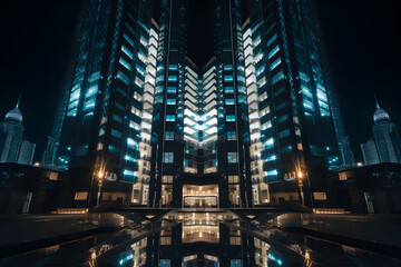 luxurious design: gleaming, symmetrical architecture bathed in neon light with buildings