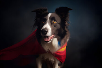 An energetic dog in a superhero cape, bounding with joy. Its swift, agile movements embody a playful spirit. A true canine crusader in action