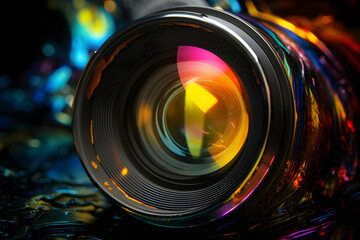 Through a camera lens, a vibrant and complex fluid image is captured. Reflective distortions create an abstract dance of colors, mesmerizing and captivating