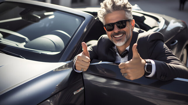Mann freut sich neben einem Auto mit beiden Daumen oben