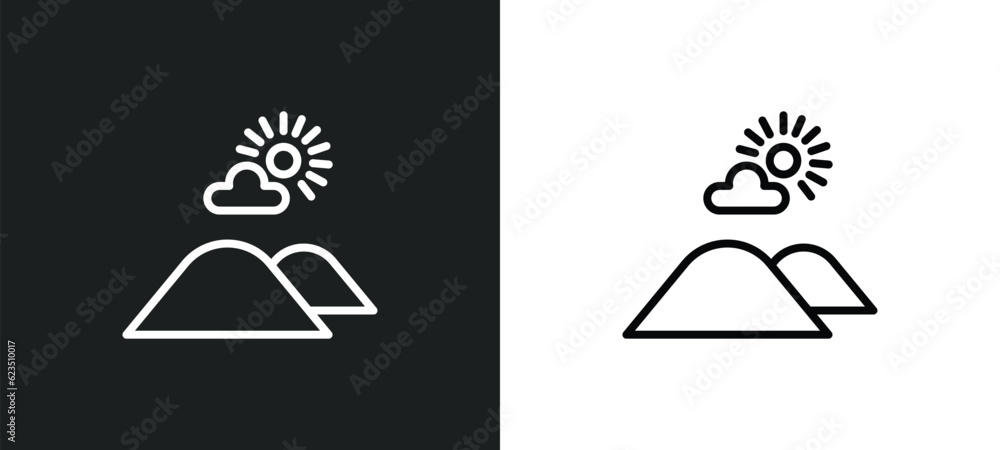 Poster hills icon isolated in white and black colors. hills outline vector icon from nature collection for 