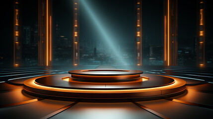 Tech podium with cinematic lighting