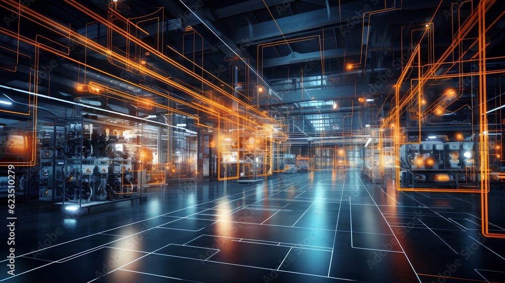 Poster abstract scene from smart factory, data-connected machines, seamless interaction of technology and a