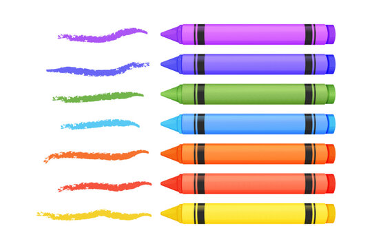 Wax crayons with textured line set in cartoon style isolated on white background. Preschool palette, pencils for education.