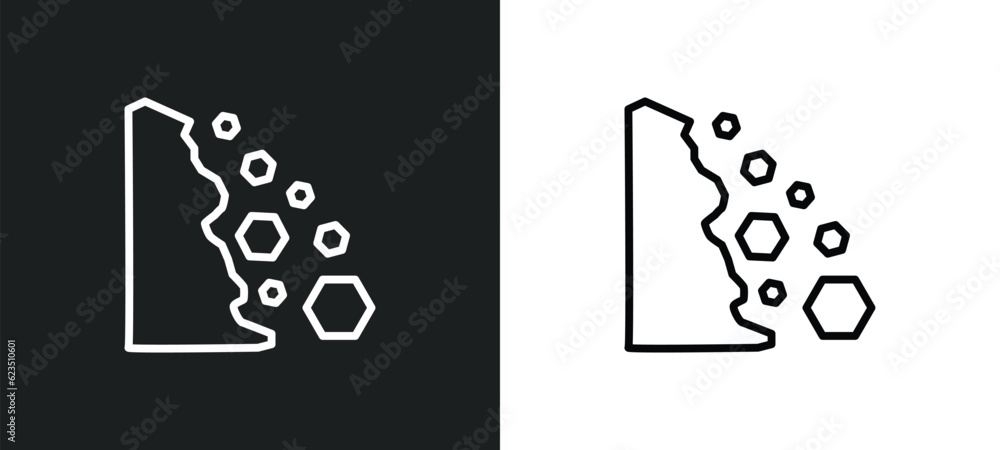 Poster falling debris icon isolated in white and black colors. falling debris outline vector icon from natu