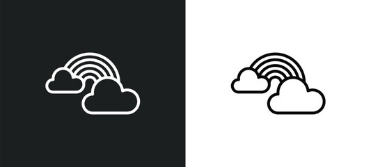 rainbow behind a cloud icon isolated in white and black colors. rainbow behind a cloud outline vector icon from nature collection for web, mobile apps and ui.