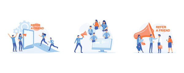 Refer a friend concept, Business partnership strategy, Social media marketing, Friend sharing refer, set flat vector modern illustration