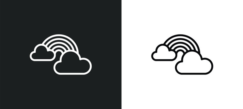 rainbow behind a cloud icon isolated in white and black colors. rainbow behind a cloud outline vector icon from nature collection for web, mobile apps and ui.