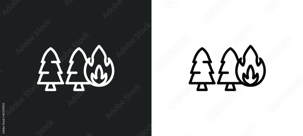 Poster pine tree on fire icon isolated in white and black colors. pine tree on fire outline vector icon fro