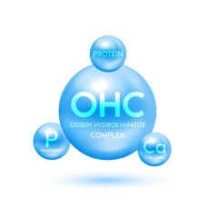 Ossein hydroxyapatite complex Natural nutrients extracted from bovine bones. Calcium phosphorus minerals and protein help treat osteoporosis. Food supplement bone joints. Medical concepts. 3D Vector.