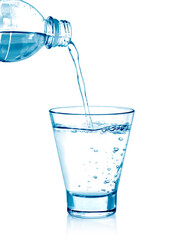 pouring water on a glass on white background