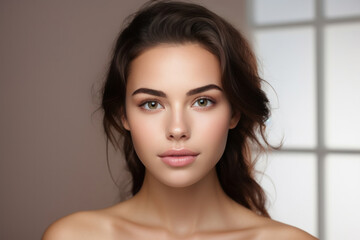 Naklejka premium Beauty Woman face Portrait. Beautiful Spa model Girl with Perfect Fresh Clean Skin. Brunette female looking at camera and smiling. Youth and Skin Care Concept