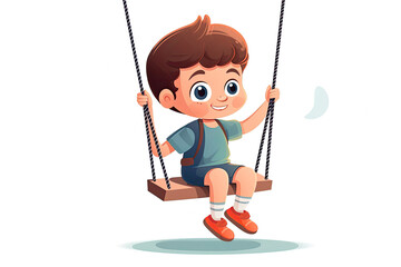 Happy child boy riding on a swing isolated on white background.