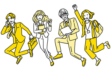 やる気に満ちたビジネスパーソン・ジャンプする働く男性と女性