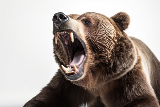 Portrait of a growling aggressive bear on a white background.