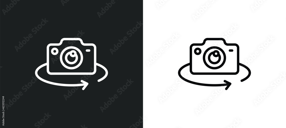 Poster rotate camera icon isolated in white and black colors. rotate camera outline vector icon from intern