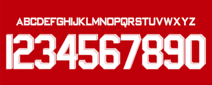 font vector team 2023 - 2024 kit sport style font. arsenal football style font. premier league.gunners soccer. sports style letters and numbers for soccer team