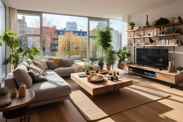 A living room of a beautiful bright modern Scandinavian style house with large windows opening, generative AI	

