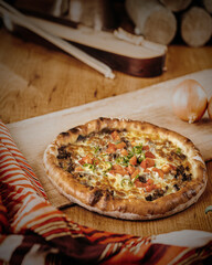 pizza on a wooden table, veggie pizza, pita with vegetables, turkish pita