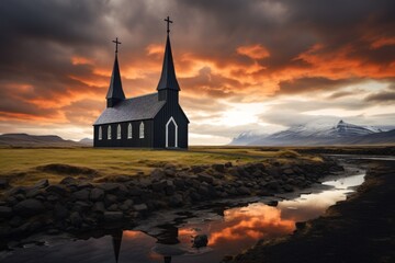 Obraz premium Timelapse of a black wooden church in front of a mountain range in Budir, Iceland.