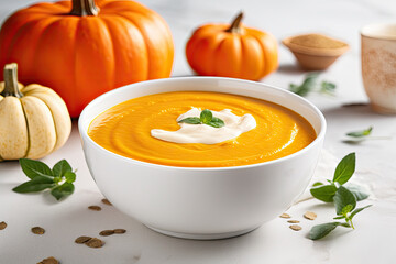 Traditional pumpkin soup with cream in bowl on white marble