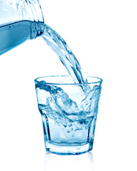 pouring water on a glass on white background