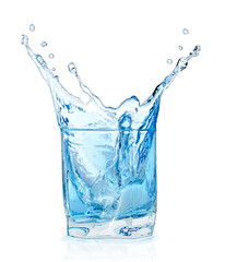 Fototapeta na wymiar Ice cubes splashing into glass of water, isolated on white background