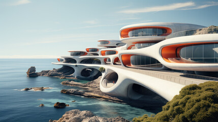 A futuristic house on a cliff overlooking the ocean. Generative AI.