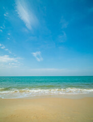 Fototapeta premium Beautiful Landscape summer vertical front viewpoint tropical sea beach white sand clean and blue sky cloud background calm Nature ocean wave water travel Sai Kaew Beach East thailand Chonburi