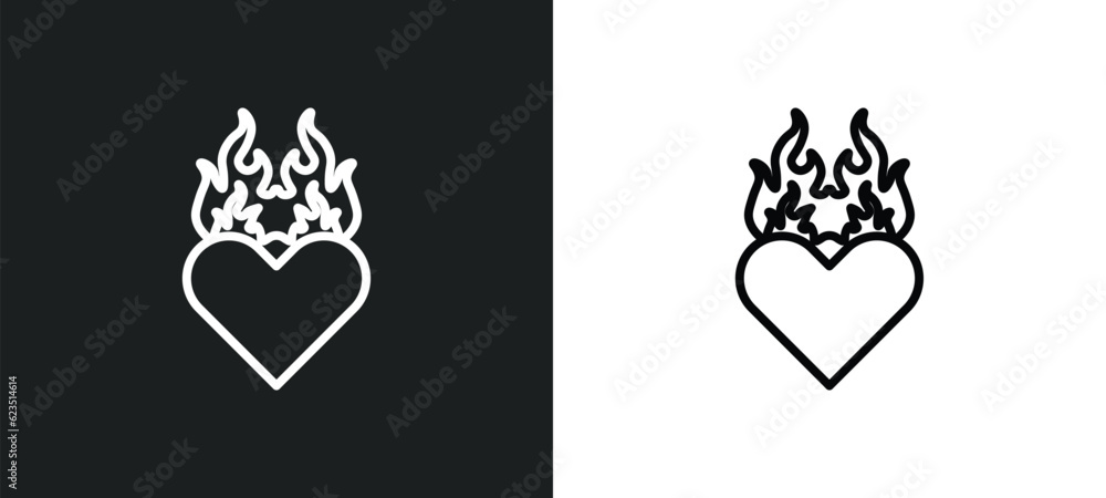 Poster heart in flames icon isolated in white and black colors. heart in flames outline vector icon from ge