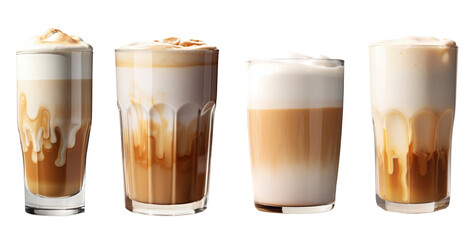 Four different latte macchiato, isolated, white background, generative ai - obrazy, fototapety, plakaty