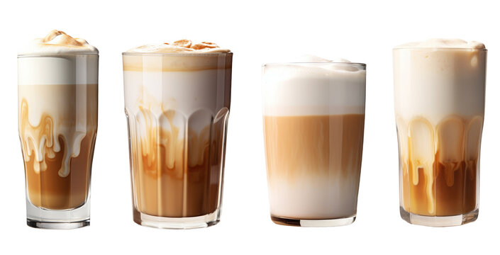Four different latte macchiato, isolated, white background, generative ai