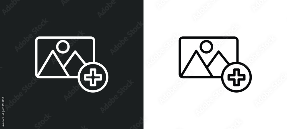 Poster add photos icon isolated in white and black colors. add photos outline vector icon from general coll