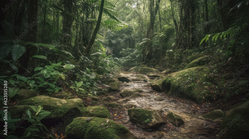 Poster path through dense forest. generative ai