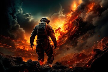 Naklejka premium An astronaut walks on an uncharted planet among stones and fire. Exploration of other worlds and search for extraterrestrial civilizations. Space exploration concept. AI generation