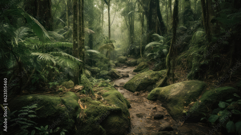 Poster path through dense forest. generative ai