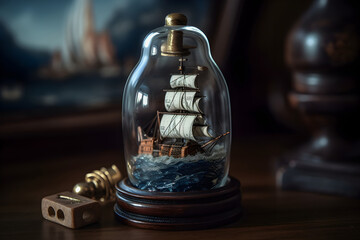 Fototapeta na wymiar Miniature ship encased in bottle. Generative AI