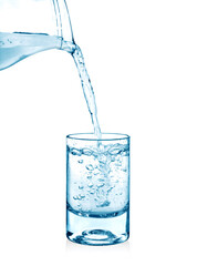 pouring water on a glass on white background