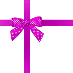 Gift purple ribbon and bow isolated on white background.